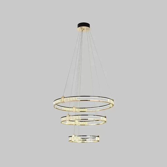 Lustra LED suspendata cu telecomanda si cristal ROGER 150W, 3 Cercuri, lumina Rece/Calda/Neutra, Dimabila, Auriu Lucios, Inaltime Reglabila