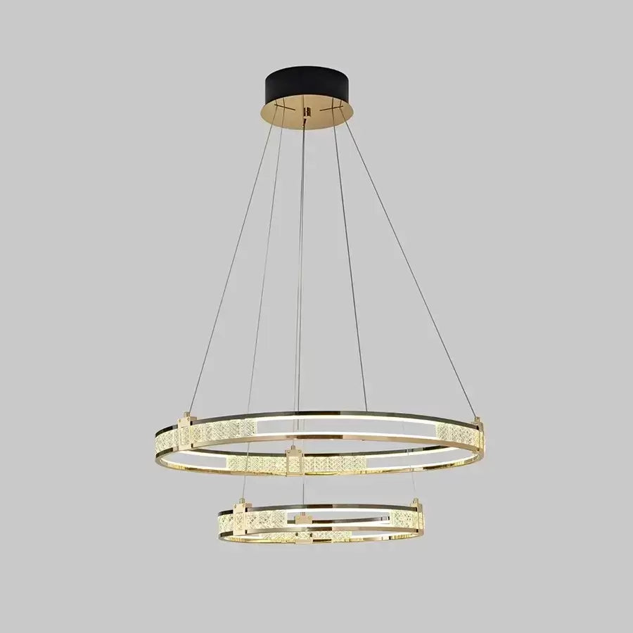 Lustra LED suspendata cu telecomanda si cristal ROGER 100W, 2 Cercuri, lumina Rece/Calda/Neutra, Dimabila, Auriu Lucios, Inaltime Reglabila