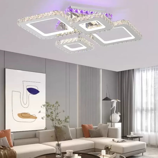 Lustra LED cu telecomanda si cristal NOVA RHOMBA RGB 41W, 4 Patrate, lumina Rece/Calda/Neutra, Dimabila, Crom Lucios