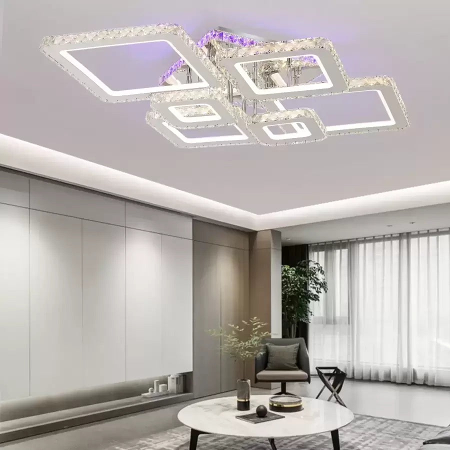 Lustra LED cu telecomanda si cristal NOVA RHOMBA RGB 168W, 6 Patrate, lumina Rece/Calda/Neutra, Dimabila, Crom Lucios