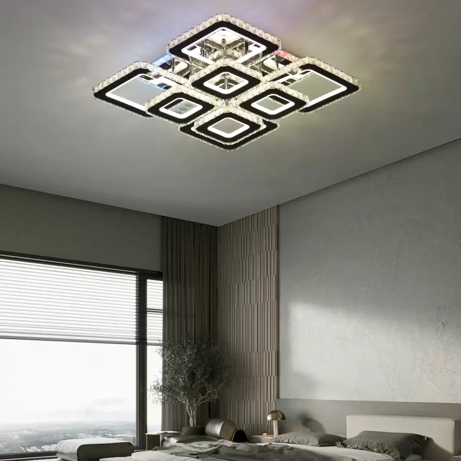 Lustra LED cu telecomanda si cristal QUADRIA SUPREMO RGB 168W, 8 Patrate, lumina Rece/Calda/Neutra, Dimabila, Crom Lucios
