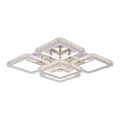 Lustra LED cu telecomanda cu cristal QUADRIA SUPREMO RGB, 143W, 5 Patrate, lumina Rece/Calda/Neutra, Dimabila, Crom Lucios