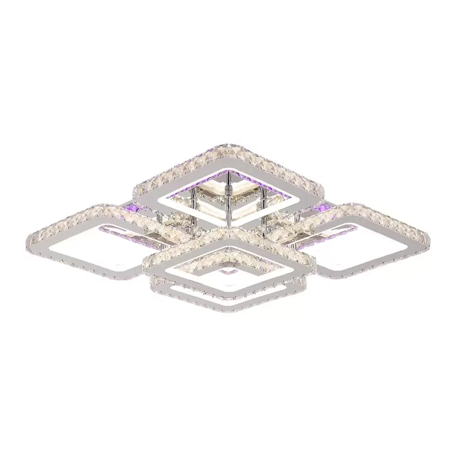 Lustra LED cu telecomanda cu cristal QUADRIA SUPREMO RGB, 143W, 5 Patrate, lumina Rece/Calda/Neutra, Dimabila, Crom Lucios