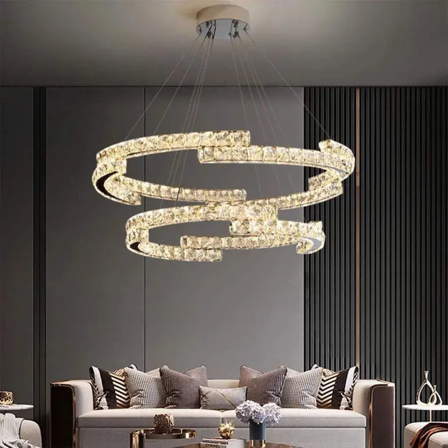 Lustra LED suspendata cu telecomanda si cristal MIA LATIFAH 55W, 2 Cercuri, lumina Rece/Calda/Neutra, Dimabila, Crom Lucios, Inaltime Reglabila