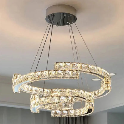 Lustra LED suspendata cu telecomanda si cristal MIA LATIFAH 55W, 2 Cercuri, lumina Rece/Calda/Neutra, Dimabila, Crom Lucios, Inaltime Reglabila
