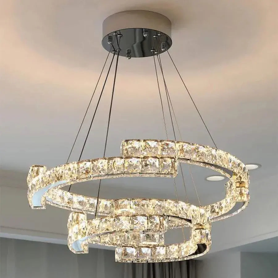 Lustra LED suspendata cu telecomanda si cristal MIA LATIFAH 55W, 2 Cercuri, lumina Rece/Calda/Neutra, Dimabila, Crom Lucios, Inaltime Reglabila