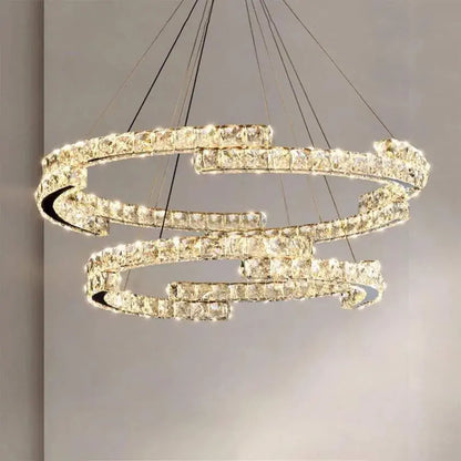 Lustra LED suspendata cu telecomanda si cristal MIA LATIFAH 55W, 2 Cercuri, lumina Rece/Calda/Neutra, Dimabila, Crom Lucios, Inaltime Reglabila