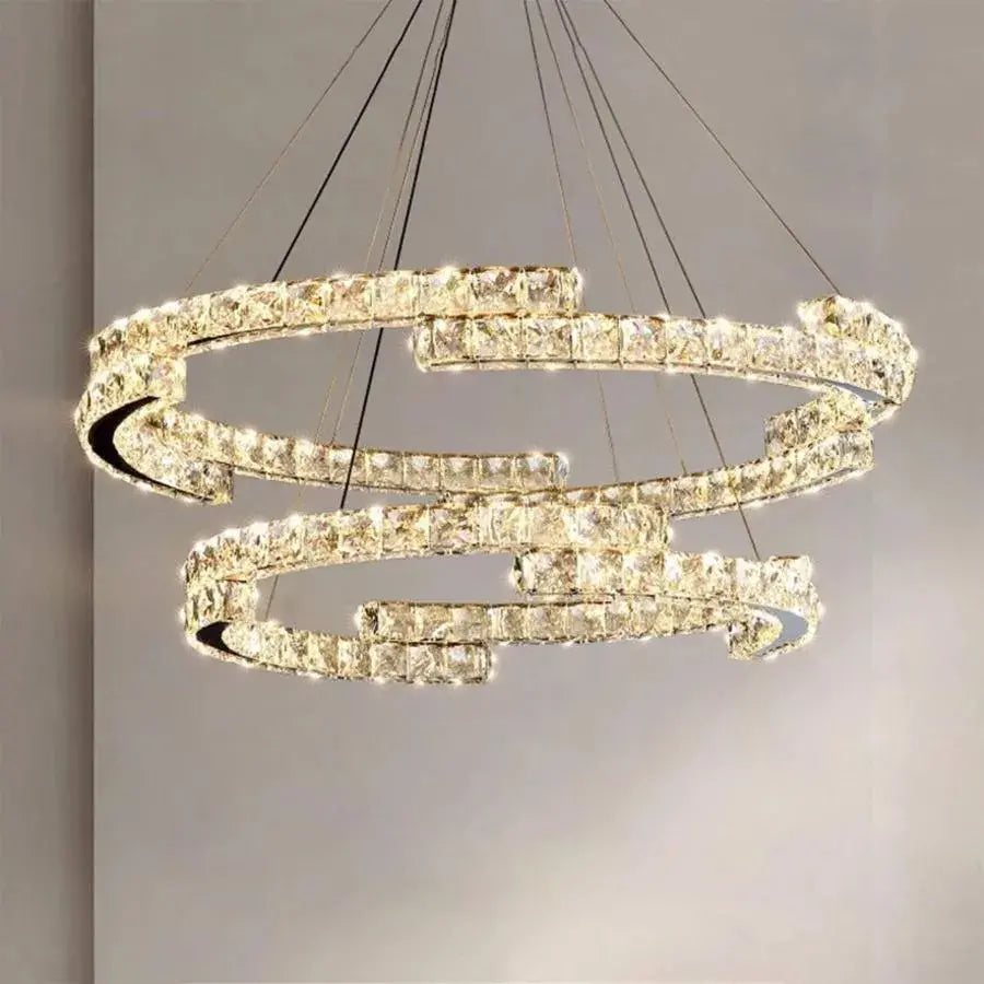 Lustra LED suspendata cu telecomanda si cristal MIA LATIFAH 55W, 2 Cercuri, lumina Rece/Calda/Neutra, Dimabila, Crom Lucios, Inaltime Reglabila