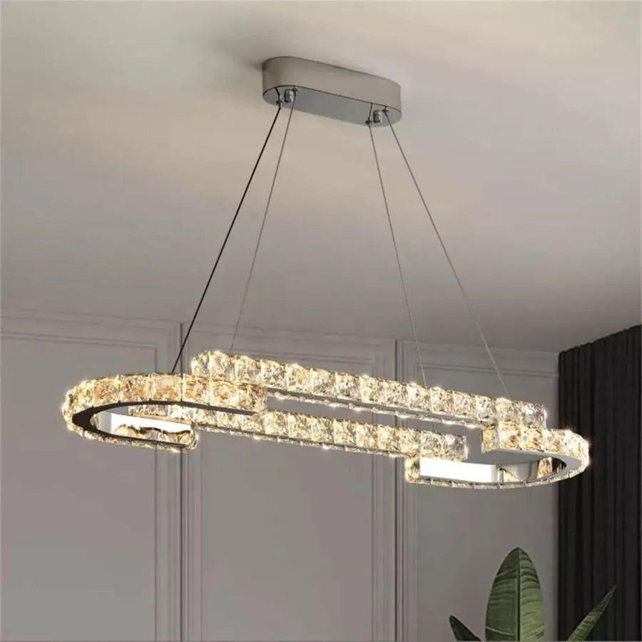 Lustra LED suspendata cu telecomanda si cristal SAMIRA 86W, Liniara, lumina Rece/Calda/Neutra, Dimabila, Crom Lucios