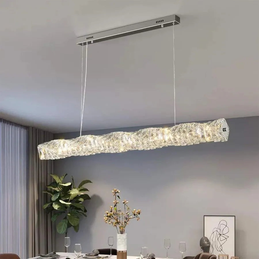 Lustra LED suspendata cu telecomanda si cristal SEHRAZAT 38W, Liniara, lumina Rece/Calda/Neutra, Dimabila, Crom Lucios, Inaltime Reglabila