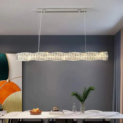 Lustra LED suspendata cu telecomanda si cristal SEHRAZAT 38W, Liniara, lumina Rece/Calda/Neutra, Dimabila, Crom Lucios, Inaltime Reglabila