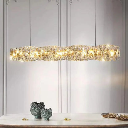 Lustra LED suspendata cu telecomanda si cristal SEHRAZAT 38W, Liniara, lumina Rece/Calda/Neutra, Dimabila, Crom Lucios, Inaltime Reglabila