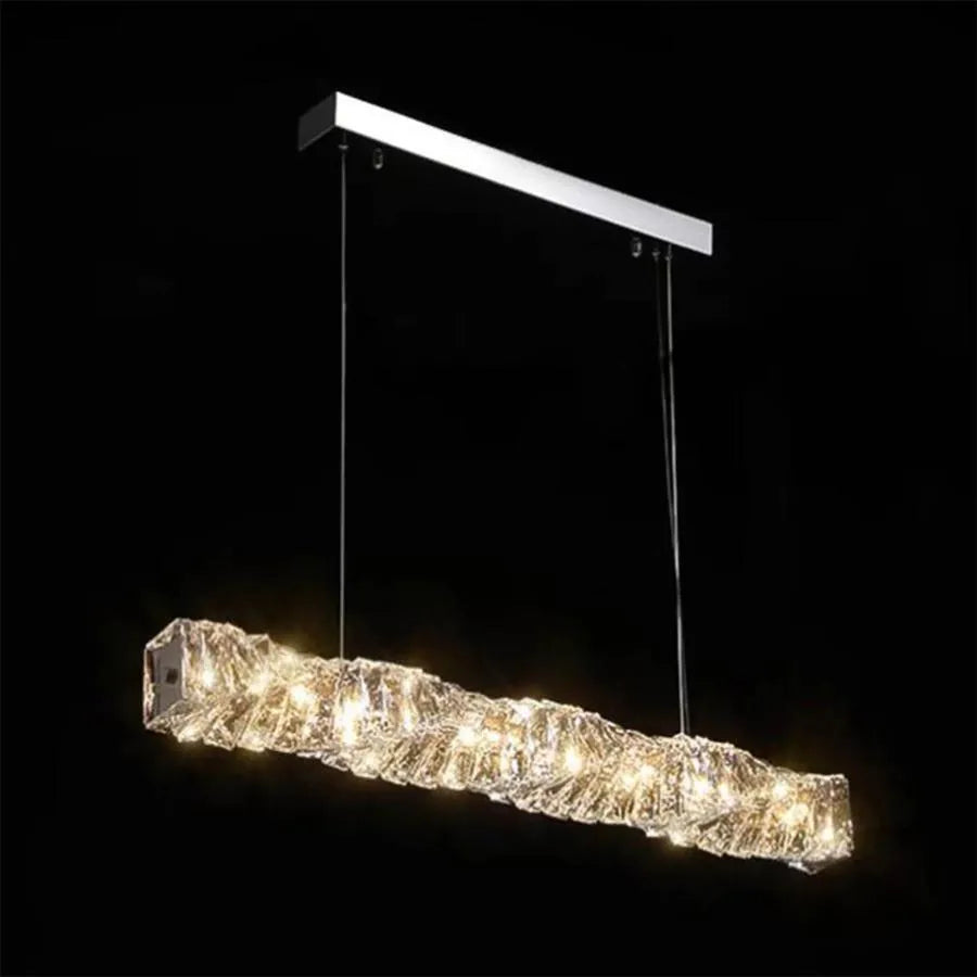 Lustra LED suspendata cu telecomanda si cristal SEHRAZAT 38W, Liniara, lumina Rece/Calda/Neutra, Dimabila, Crom Lucios, Inaltime Reglabila