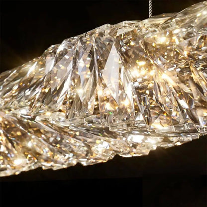 Lustra LED suspendata cu telecomanda si cristal SEHRAZAT 38W, Liniara, lumina Rece/Calda/Neutra, Dimabila, Crom Lucios, Inaltime Reglabila