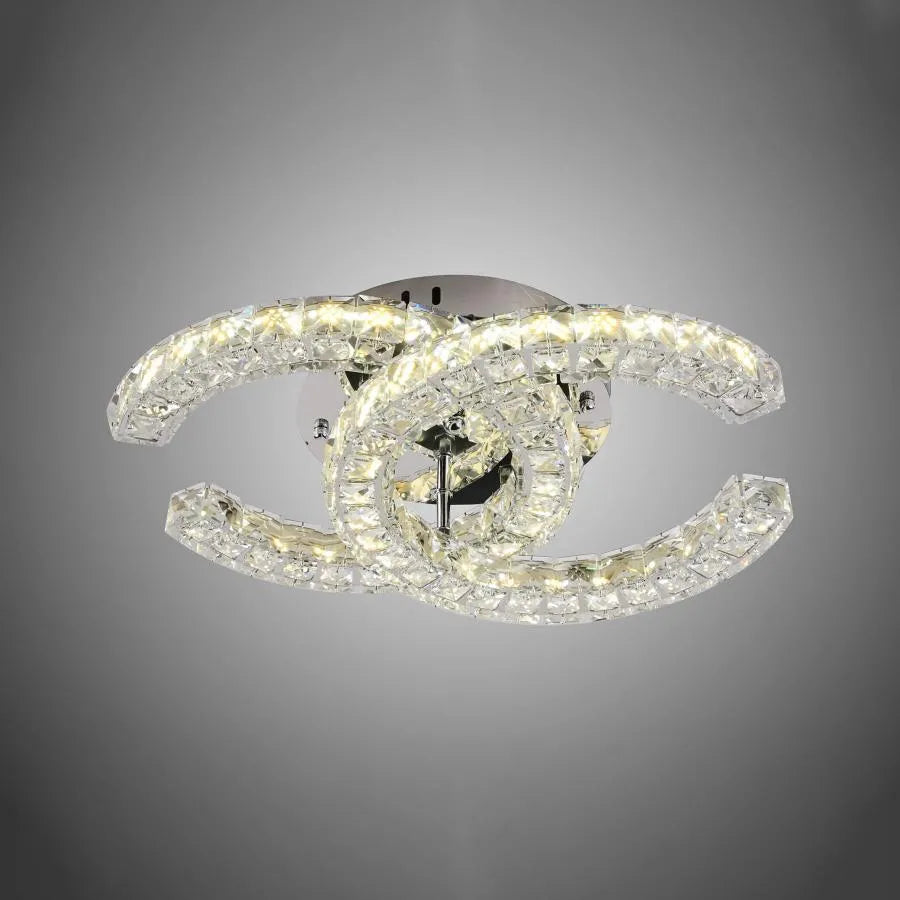 Lustra LED cu telecomanda si cristal SHIA 27.1W, 2 Cercuri, lumina Rece/Calda/Neutra, Dimabila, Crom Lucios