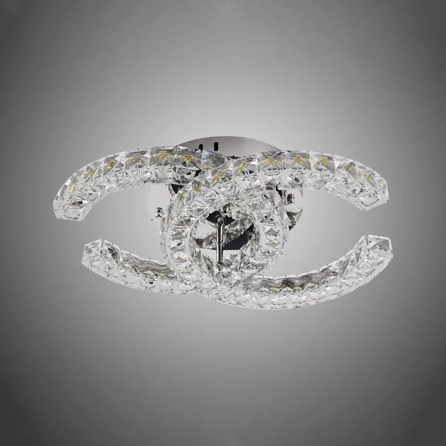 Lustra LED cu telecomanda si cristal SHIA 27.1W, 2 Cercuri, lumina Rece/Calda/Neutra, Dimabila, Crom Lucios