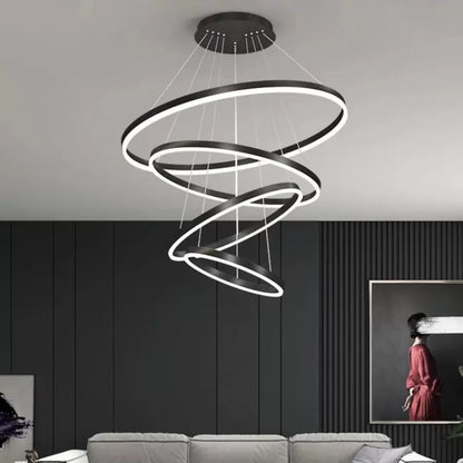 Lustra LED suspendata cu telecomanda AZARIAH 112W, 4 Cercuri, lumina Rece/Calda/Neutra, Dimabila, Negru, Inaltime Reglabila