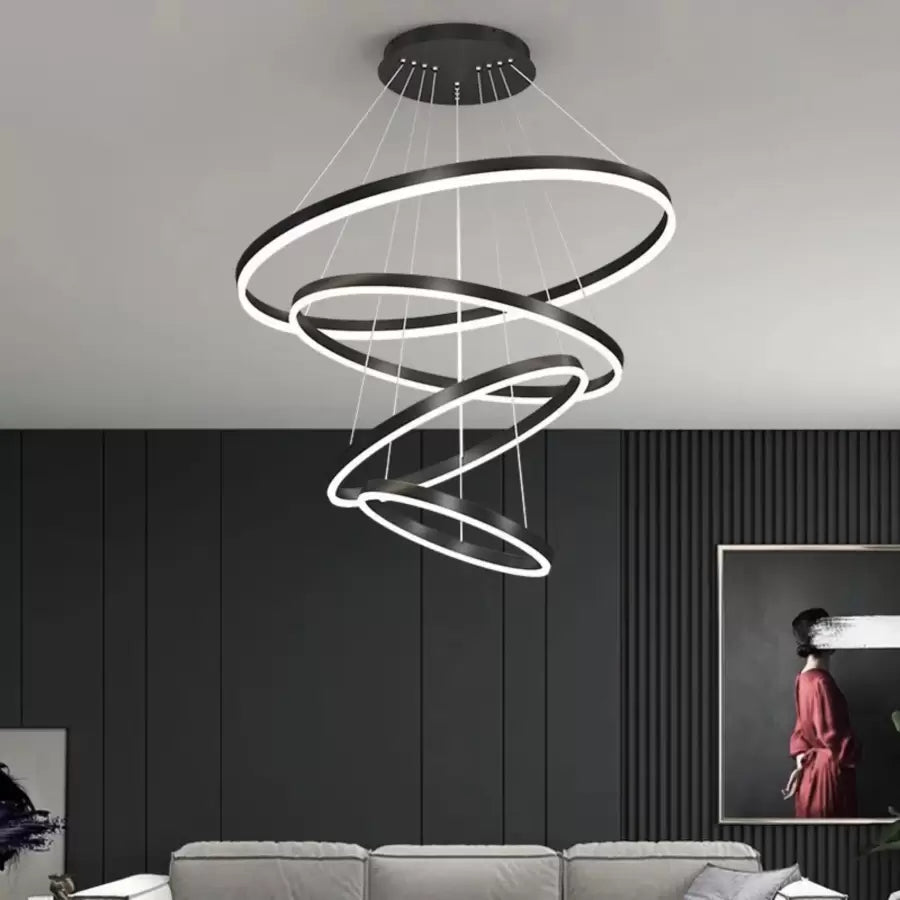 Lustra LED suspendata cu telecomanda AZARIAH 112W, 4 Cercuri, lumina Rece/Calda/Neutra, Dimabila, Negru, Inaltime Reglabila