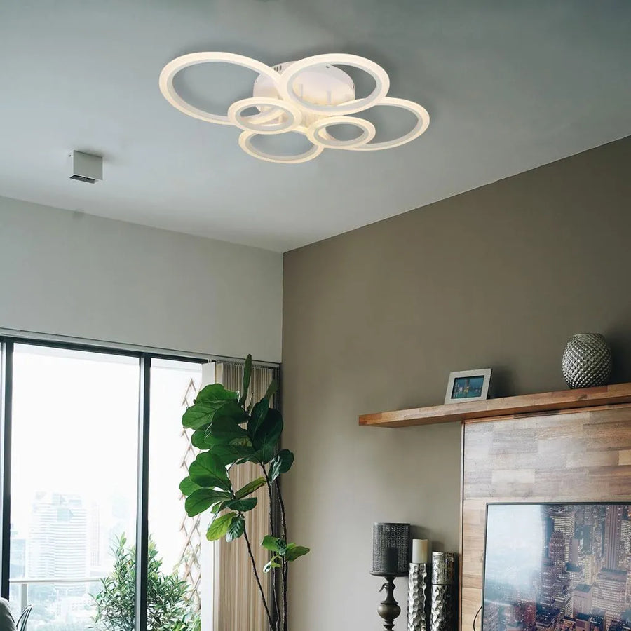 Lustra LED cu telecomanda BETTY 82W, 6 Cercuri, lumina Rece/Calda/Neutra, Dimabila, Alb