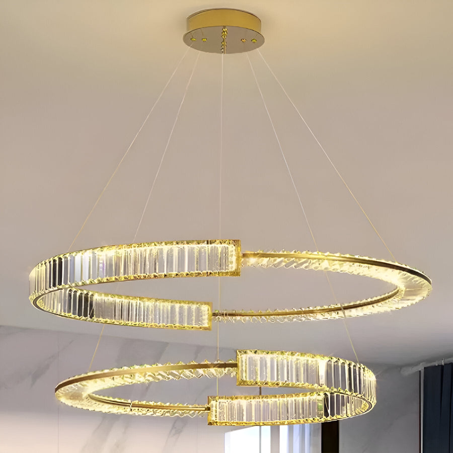 Lustra LED suspendata cu cristal PRISM REGAL 81W, 2 Cercuri, lumina Rece/Calda/Neutra, Dimabila, Auriu, Inaltime Reglabila