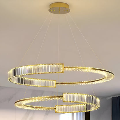 Lustra LED suspendata cu cristal PRISM REGAL 117W, 2 Cercuri, lumina Rece/Calda/Neutra, Dimabila, Auriu, Inaltime Reglabila