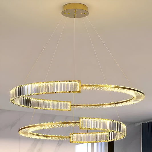 Lustra LED suspendata cu cristal PRISM REGAL 117W, 2 Cercuri, lumina Rece/Calda/Neutra, Dimabila, Auriu, Inaltime Reglabila