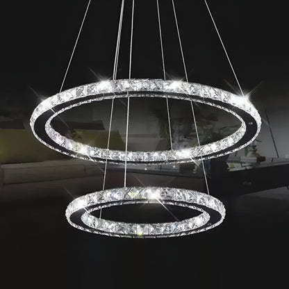 Lustra LED cu telecomanda si cristal PRISM LUMINIS 55W, 2 Cercuri, lumina Rece/Calda/Neutra, Dimabila, Argintiu, Inaltime Reglabila