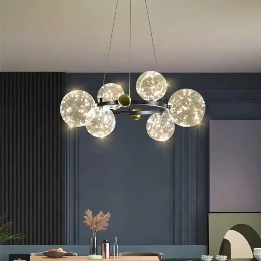 Lustra LED cu telecomanda NOEL 52W, 6 Globuri, lumina Rece/Calda/Neutra, Dimabila, Negru, Inaltime Reglabila