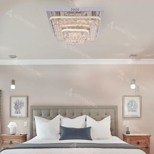 Lustra LED cu telecomanda si cristal ETAN 66W,  lumina Rece/Calda/Neutra, Dimabila, Crom Lucios