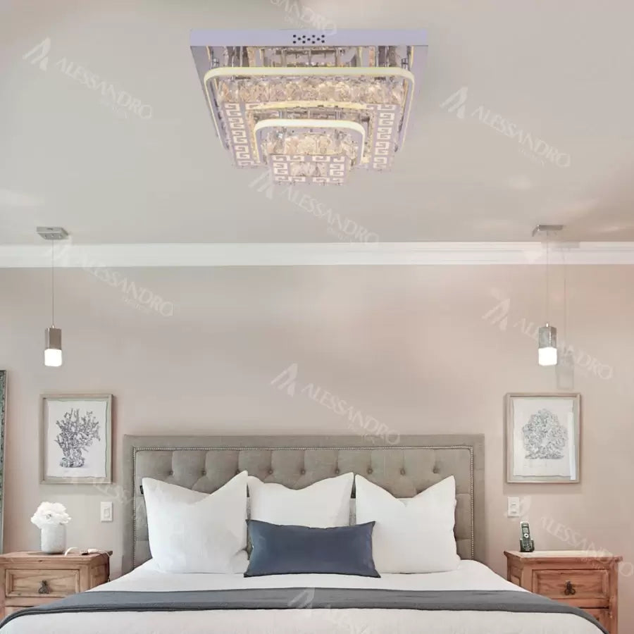 Lustra LED cu telecomanda si cristal ETAN 66W,  lumina Rece/Calda/Neutra, Dimabila, Crom Lucios