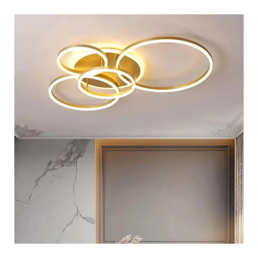 Lustra LED cu telecomanda LYRA 220W, 4 Cercuri, lumina Rece/Calda/Neutra, Dimabila, Auriu Periat