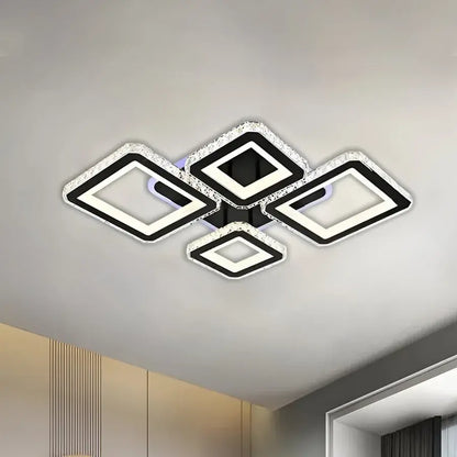 Lustra LED cu telecomanda si cristal QUADRIS RGB 96W, 4 Patrate, lumina Rece/Calda/Neutra, Dimabila, Negru