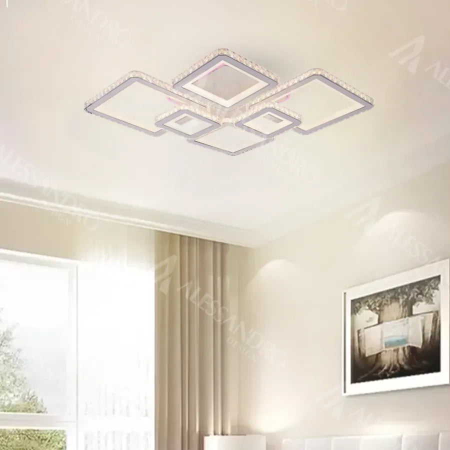 Lustra LED cu telecomanda si cristal QUADRIS RGB 175W, 6 Patrate, Lumina Rece/Calda/Neutra, Dimabila, Alb