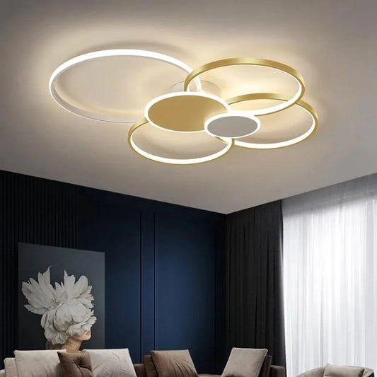 Lustra LED cu telecomanda KILLIAN 74W, 6 Cercuri, lumina Rece/Calda/Neutra, Dimabila, Auriu Alb