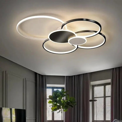 Lustra LED cu Telecomanda, KILLIAN, 74W, 6 Cercuri, Lumina Rece/Calda/Neutra 3000K/4000K/6000K, Dimabila, Negru si Alb, Metal si Acril