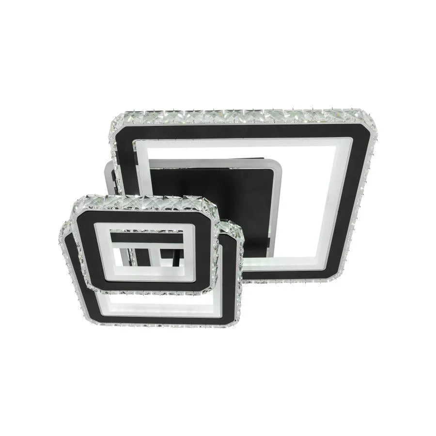 Lustra LED cu telecomanda si cristal LEILA 88W, 3 Patrate, lumina Rece/Calda/Neutra, Dimabila, Negru Crom Lucios