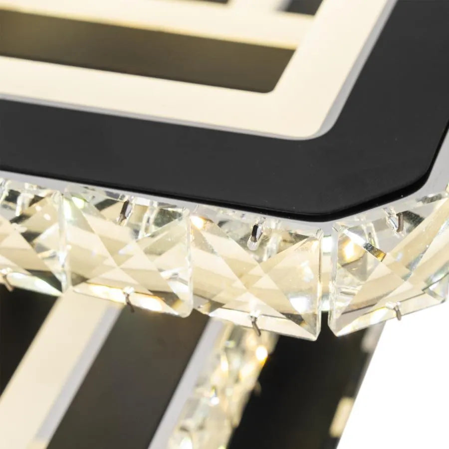 Lustra LED cu telecomanda si cristal LEILA 88W, 3 Patrate, lumina Rece/Calda/Neutra, Dimabila, Negru Crom Lucios