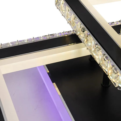 Lustra LED cu telecomanda si cristal LEILA 88W, 3 Patrate, lumina Rece/Calda/Neutra, Dimabila, Negru Crom Lucios