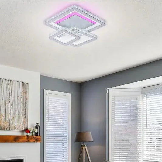Lustra LED cu telecomanda si cristal LEILA 87W, 3 Patrate, lumina Rece/Calda/Neutra, Dimabila, Alb