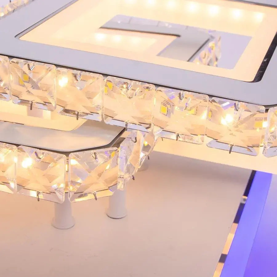 Lustra LED cu telecomanda si cristal LEILA 87W, 3 Patrate, lumina Rece/Calda/Neutra, Dimabila, Alb