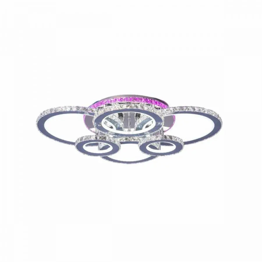 Lustra LED cu telecomanda si cristal NOVA ROTONDA RGB 144W, 6 Cercuri, lumina Rece/Calda/Neutra, Dimabila, Crom Lucios