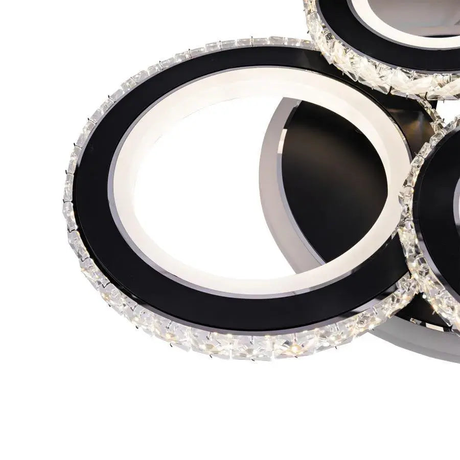 Lustra LED cu telecomanda si cristal NOVA ROTONDA RGB 82W, 4 Cercuri, lumina Rece/Calda/Neutra, Dimabila, Negru