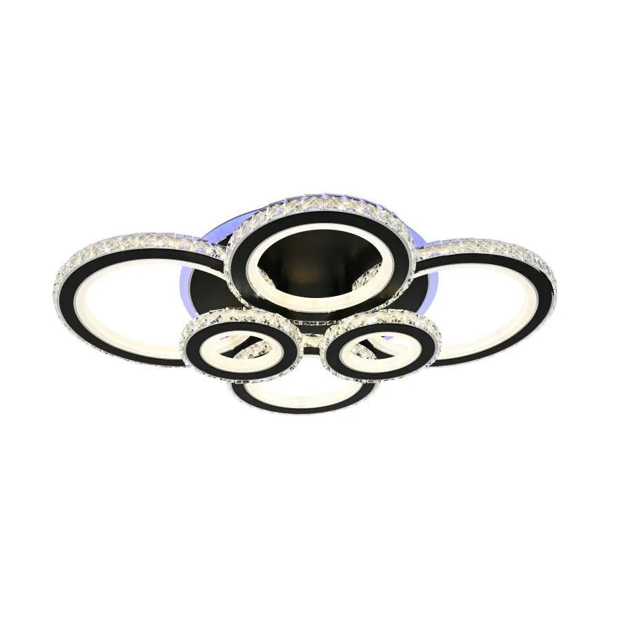 Lustra LED cu telecomanda si cristal NOVA ROTONDA RGB 145W, 6 Cercuri, lumina Rece/Calda/Neutra, Dimabila, Negru