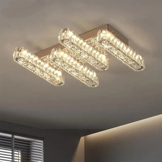 Lustra LED cu telecomanda si cristal PRISCILA 80W, 4 Elemente, Liniara, lumina Rece/Calda/Neutra, Dimabila, Crom Lucios