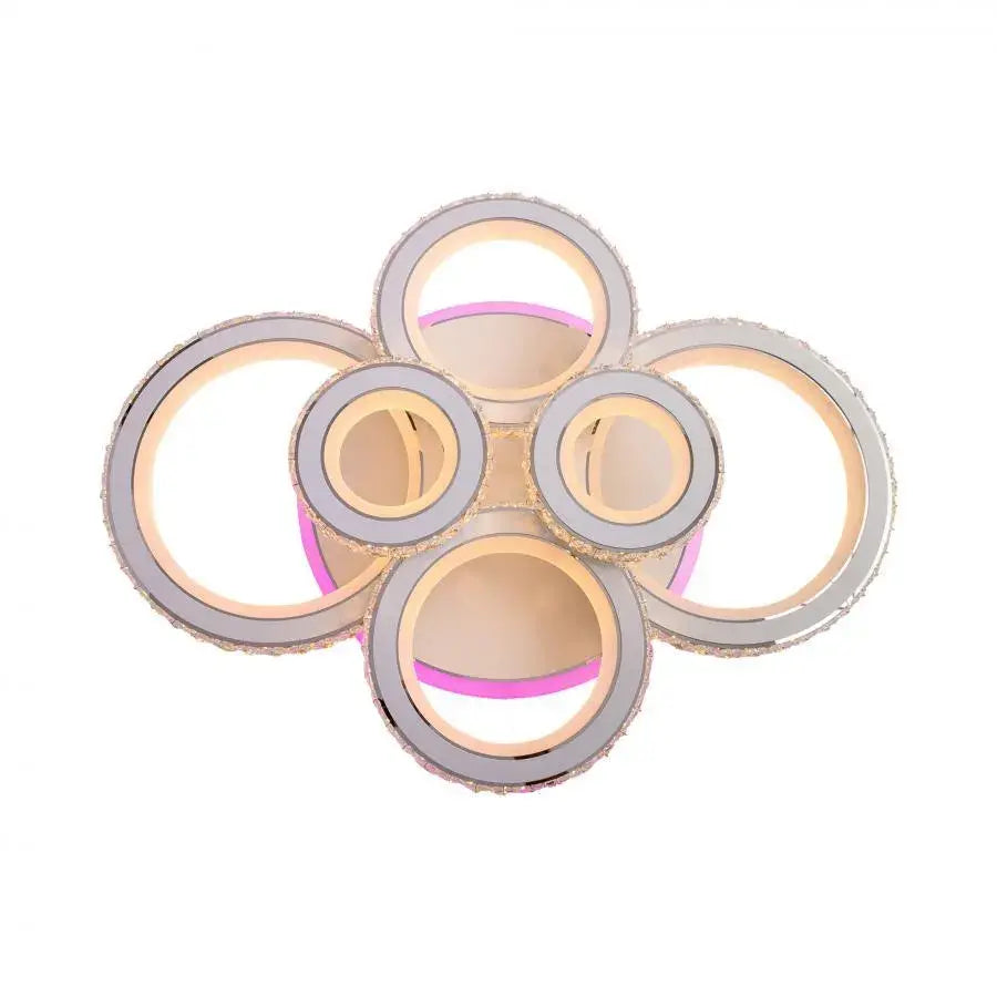 Lustra LED cu telecomanda si cristal NOVA ROTONDA RGB 145W, 6 Cercuri, lumina Rece/Calda/Neutra, Dimabila, Alb