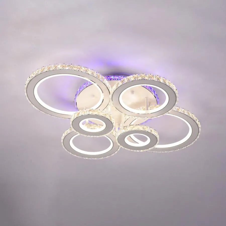Lustra LED cu telecomanda si cristal MEILI ZAFINA RGB 238W, 6 Cercuri, lumina Rece/Calda/Neutra, Dimabila, Alb
