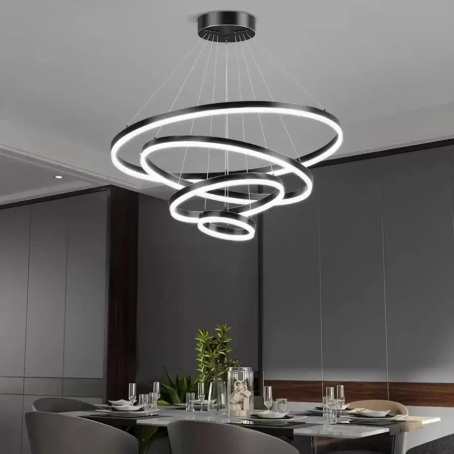 Lustra LED suspendata cu telecomanda AZARIAH 112W, 4 Cercuri, lumina Rece/Calda/Neutra, Dimabila, Negru, Inaltime Reglabila