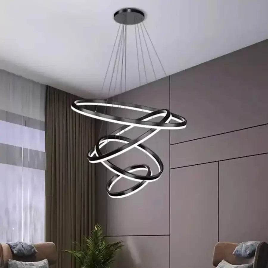 Lustra LED suspendata cu telecomanda AZARIAH 112W, 4 Cercuri, lumina Rece/Calda/Neutra, Dimabila, Negru, Inaltime Reglabila
