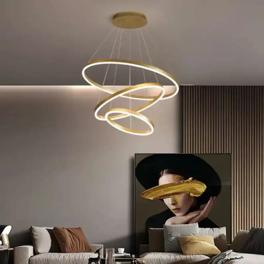 Lustra LED suspendata cu telecomanda ELIZABETH, 85W, 3 Cercuri, lumina Rece/Calda/Neutra, Dimabila, Auriu Lucios, Inaltime Reglabila