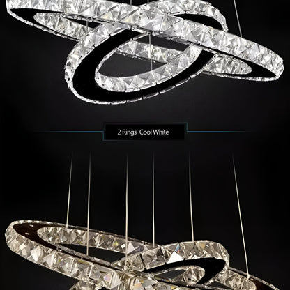 Lustra LED cu telecomanda si cristal PRISM LUMINIS 55W, 2 Cercuri, lumina Rece/Calda/Neutra, Dimabila, Argintiu, Inaltime Reglabila